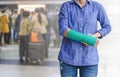 Injured woman with green cast on hand and arm on motion blur in Royalty Free Stock Photo