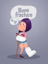 An injured woman with leg and arm in plaster using crutches. Flat design.