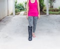 injured woman wearing sportswear with black ankle brace on leg s Royalty Free Stock Photo