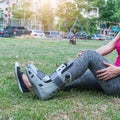 injured woman wearing sportswear broken ankle wearing ankle sup