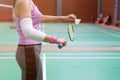 injured woman wearing sportswear painful arm with gauze bandage Royalty Free Stock Photo