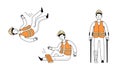 Injured worker fall accident set. Line doodle Royalty Free Stock Photo