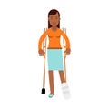 Injured young black woman with leg in plaster using crutches colorful Illustration