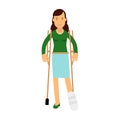 Injured young brunette woman with leg in plaster using crutches colorful Illustration Royalty Free Stock Photo