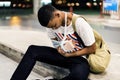 Injured young man with arm support