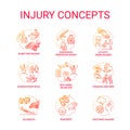Injury factors, traumatic incident concept icons set. Human intention, domestic and traffic accidents, physical trauma