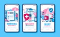 Injury insurance mobile screen set with injured people flat vector illustration.