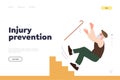 Injury prevention concept for landing page template with retired senior man falling down from stairs