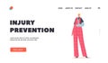 Injury Prevention Landing Page Template. Injured Patient Female Character with Bandaged Arm. Woman with Broken Hand