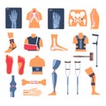 Injury recovery, bone fracture and crutches, X-ray and orthopedic tools
