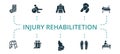 Injury Rehabilitation icon set. Contains editable icons theme such as gymnastic ball, back support, orthotics and more.