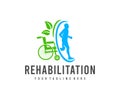 Injury rehabilitation, wheelchair and healthy person, logo design. Medical, healthcare and traumatology, vector design