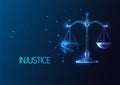 Injustice, broken law concept with broken scales symbol in futuristic glowing style on dark blue