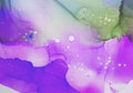 Violet, green gradient alcohol ink background. Watercolor background painting. Hand painted colorful texture. White splashes drops Royalty Free Stock Photo