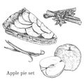 Ink apple pie set with apples, cinnamon, vanilla