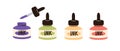 Ink bottles of different color, tincture. Open and closed containers with calligraphy essence, dropper, pipette. Flat