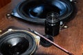 Ink and brush next to the speakers. Painting diffusers of speakers with stamp paint to give them aesthetics