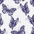 Ink butterflies seamless pattern, doodle insect, painted purple inky graphic sketch. Hand drawing ballpoint pen drawn in checkered