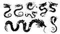 Ink Chinese dragon brushstroke set vector illustration. Art symbol animal tattoo chinese and brushstroke sign. Handwriting
