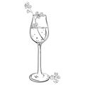 Ink: A cluster of wildflowers in a glass, featuring forest forget-me-nots. A floral composition with a sparkling wine. A