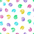 Ink curls. Multi colored drawing. Seamless pattern. Hand drawn spirals, snails