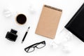 Ink, dip pen, notebook, coffee, glasses for writer workplace set on white office background top view mock-up Royalty Free Stock Photo