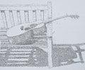 Ink Drawing of Acoustic Guitar on bench all hand drawn using tiny musical notes. Royalty Free Stock Photo