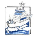 Ink drawing of big ice breaker ship among ice cubes Royalty Free Stock Photo