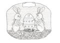 Ink drawing illustration Easter with rabbits, egg and chicken