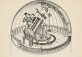 Ink drawing of a large telescope housed within a circular observatory dome. The Royalty Free Stock Photo