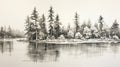 Monochromatic Realism: Majestic Pine Trees Along Water