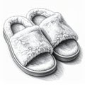 Ink Drawing of Pair of Furry Slippers on White Background Royalty Free Stock Photo