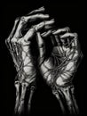 An ink drawing of two skeletal hands intertwined in a tight ip. Gothic art. AI generation