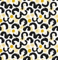 Ink drawn abstract pattern. Seamless background with black splashes and golden spirals.