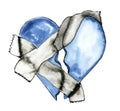 Ink drawn blue broken heart taped together isolated on white