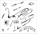 Ink drawn elements could be used as signs: hand, arrows, sun, planet, eye, ribbon, drop.