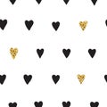 Ink and gold hand drawn doodle vector seamless heart pattern.