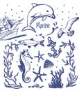 Ink hand drawn collection of marine world Royalty Free Stock Photo