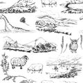 Ink hand drawn graphic vector sketch. Seamless pattern, scottish symbol landscapes and animals. Sheep, hairy coo cow