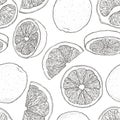 Ink hand drawn seamless pattern of orange fruit. Food element collection. Vintage sketch. Black outline. Royalty Free Stock Photo