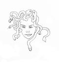 Ink hand drawn sketch of young Medusa Gorgona head male or female, with angry snakes on her or his hair