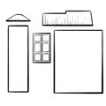 Ink hand-drawn vector. Constructor set with elements to assemble a house. Various volume walls, window, door multi-level