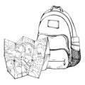 Ink hand drawn vector graphic outline sketch.Tourist accessories backpack rucksack bag, vacuum flask, navigation folded