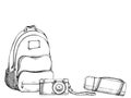 Ink hand drawn vector graphic outline sketch.Tourist accessories backpack rucksack bag, vacuum flask, old photo camera