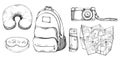 Ink hand drawn vector graphic outline sketch.Tourist accessories set backpack, old camera, navigation map, vacuum flask