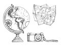 Ink hand drawn vector graphic outline sketch. Tourist accessories set, old vintage photo camera, globe, unfolded