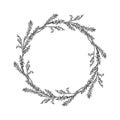 Ink hand drawn vector graphic sketch illustration. Flower circle wreath of heather branches with buds and leaves. Nature