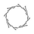 Ink hand drawn vector graphic sketch illustration. Flower circle wreath of heather branches with buds and leaves. Nature