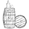 Ink hand drawn vector graphic sketch. Scotch scottish whisky whiskey wooden barrel, bottle with label and glass with