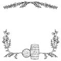 Ink hand drawn vector illustration. Scotland symbols. Scotch scottish whisky whiskey wooden barrels and heather plant